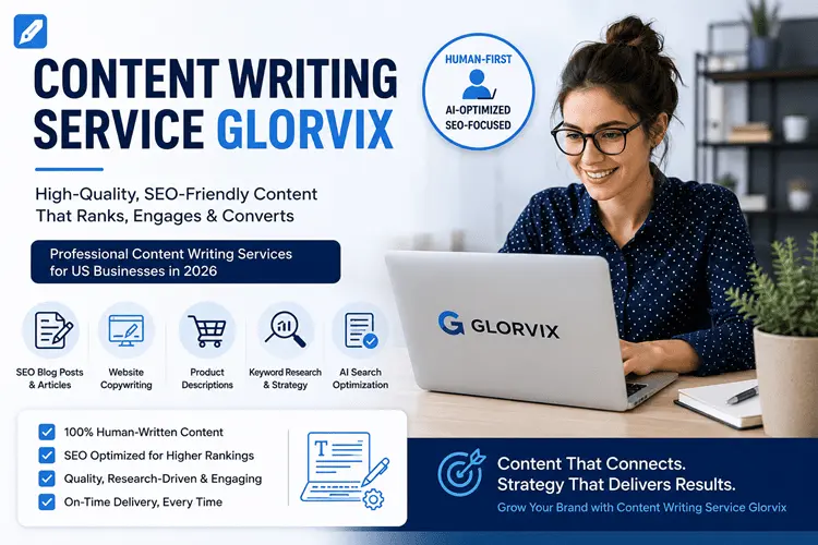Content Writing Service Glorvix banner showing a professional content writer working on a laptop with SEO content writing, website copywriting, product descriptions, keyword research, and AI search optimization services.