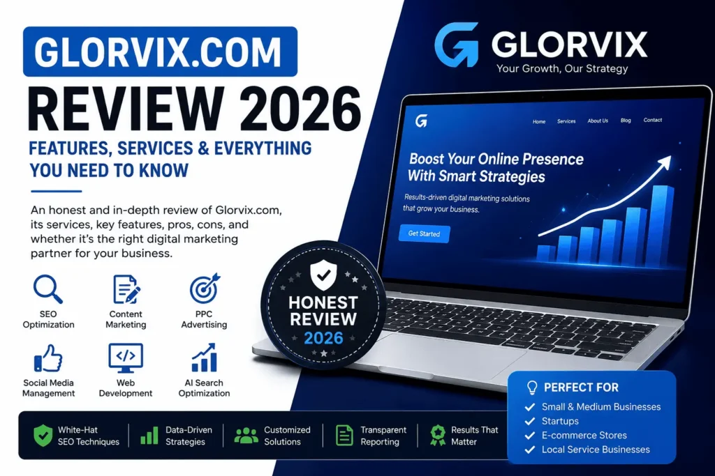 Glorvix.com Review 2026 banner showcasing SEO, PPC, content marketing, web development, social media, and AI search optimization.