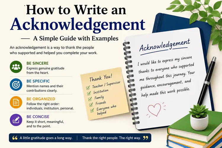 Infographic explaining how to write an acknowledgement with step-by-step tips, examples, and best practices for academic and professional writing.