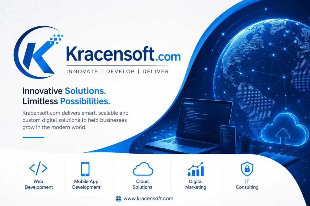 Kracensoft.com technology banner featuring a digital globe, laptop, mobile device, cloud solutions, web development, mobile app development, digital marketing, and IT consulting services.