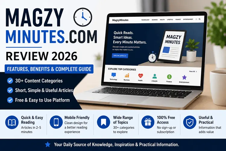 MagzyMinutes.com review showing a laptop displaying the website with key features, content categories, mobile-friendly design, and free access highlights.