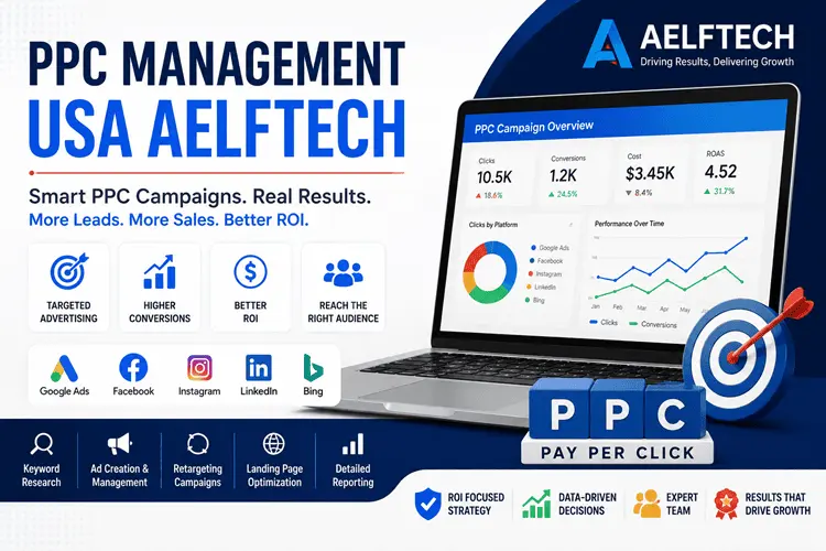 PPC Management USA Aelftech digital marketing and Google Ads campaign management illustration.