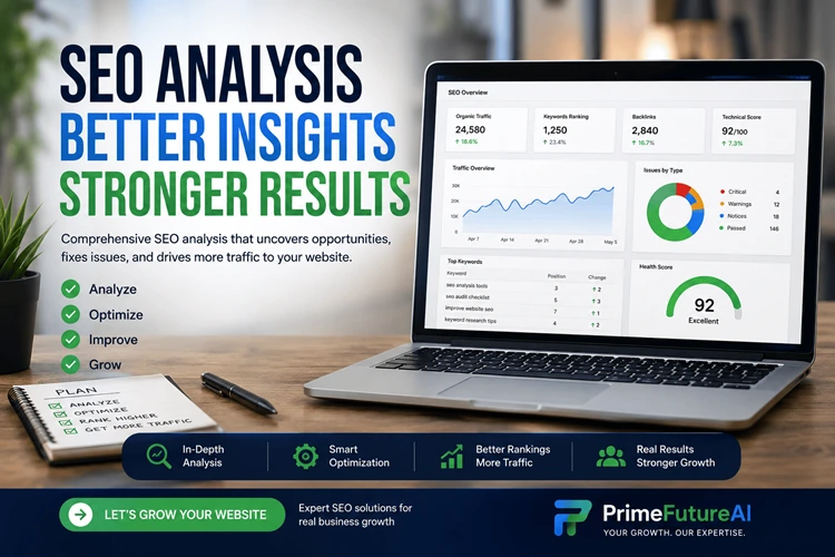 SEO analysis infographic showing website performance, keyword research, technical SEO, backlinks, rankings, and organic traffic growth.