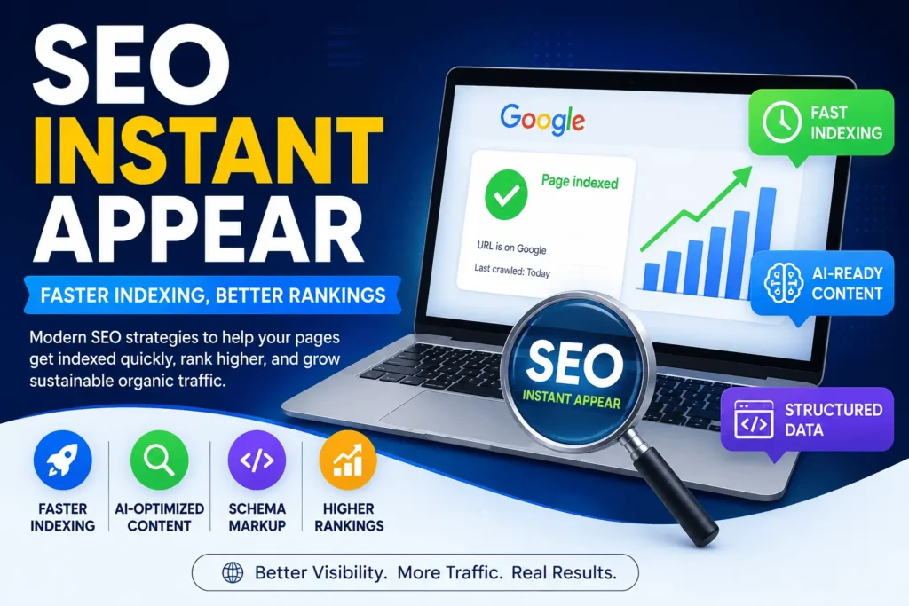 SEO Instant Appear HighSoftware99.com illustration showing faster Google indexing, AI SEO optimization, schema markup and organic traffic growth.