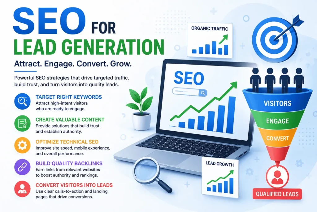 SEO for Lead Generation infographic showing keyword research, content marketing, technical SEO, backlink building, organic traffic growth, conversion funnel, and qualified lead generation strategy.