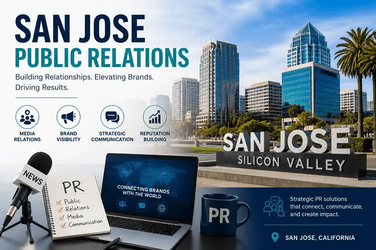 San Jose Public Relations illustration with skyline, media relations, branding, and PR strategy icons.