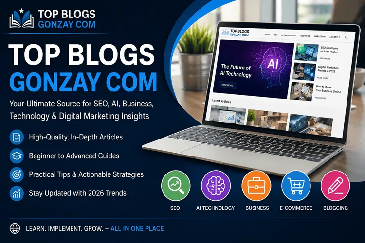 Top Blogs Gonzay Com homepage featuring SEO, AI, business, technology, and digital marketing guides displayed on a laptop screen