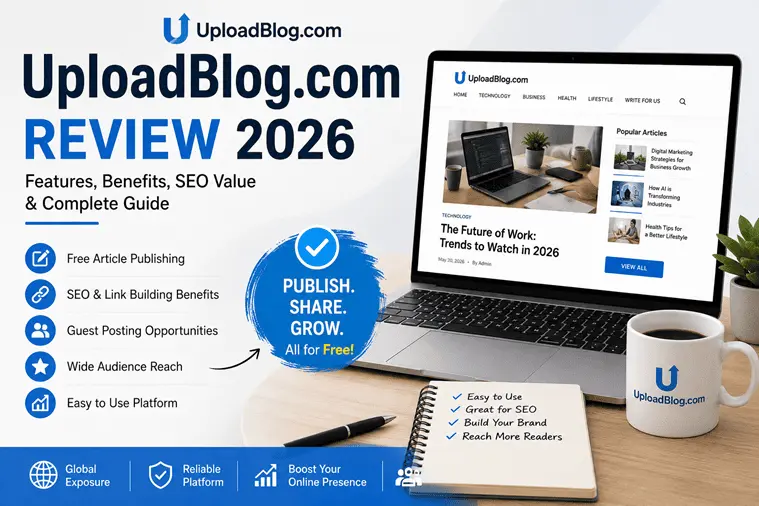 UploadBlog.com Review 2026 banner showing a laptop with the UploadBlog website, highlighting features, guest posting, SEO benefits, free article publishing, and content marketing opportunities.
