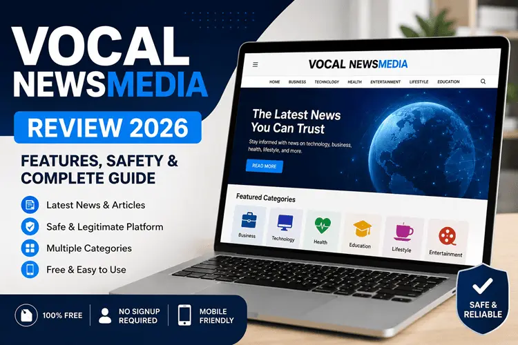 Laptop displaying the VocalNewsMedia Com website with review highlights, including features, safety, multiple content categories, and mobile-friendly design.