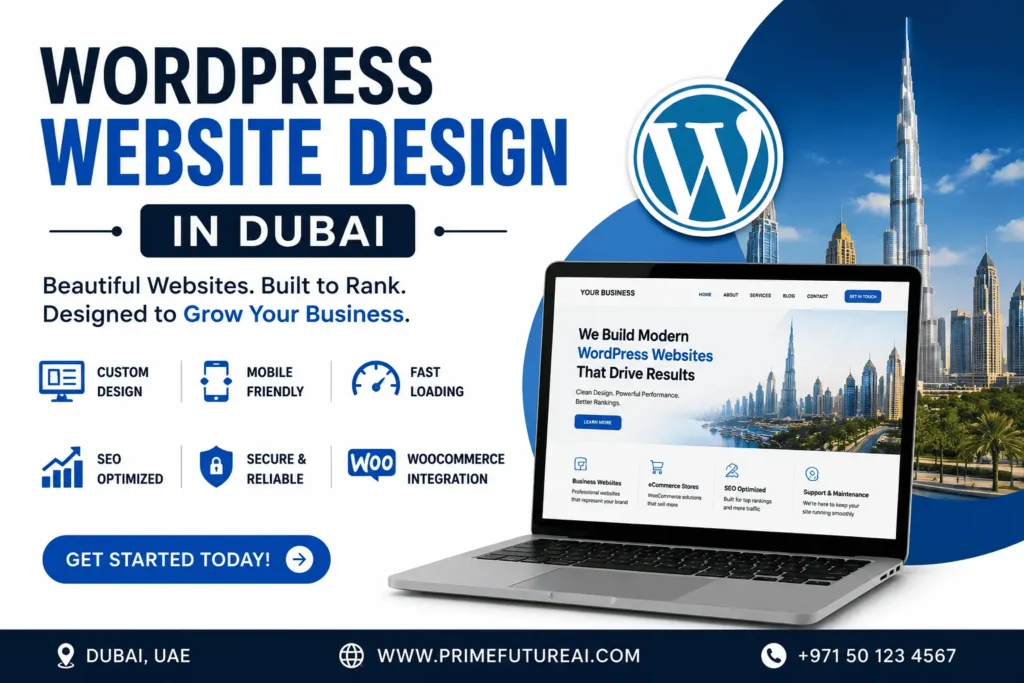WordPress website design banner featuring a WordPress logo, laptop website mockup, key web design features, and the Dubai skyline in a modern blue-and-white layout.
