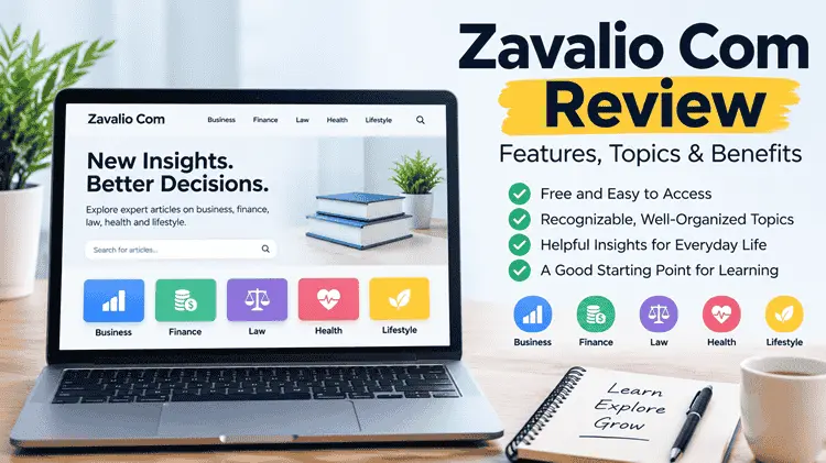 Zavalio Com review illustration showing a modern laptop with business, finance, law, health, and lifestyle topics, highlighting the platform's features, benefits, and easy access to online information.