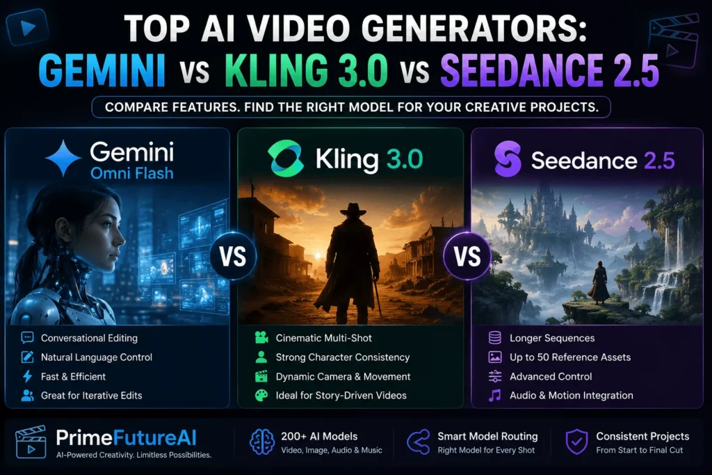 Top AI video generators comparison featuring Gemini Omni Flash, Kling 3.0, and Seedance 2.5 with key features and PrimeFutureAI branding.