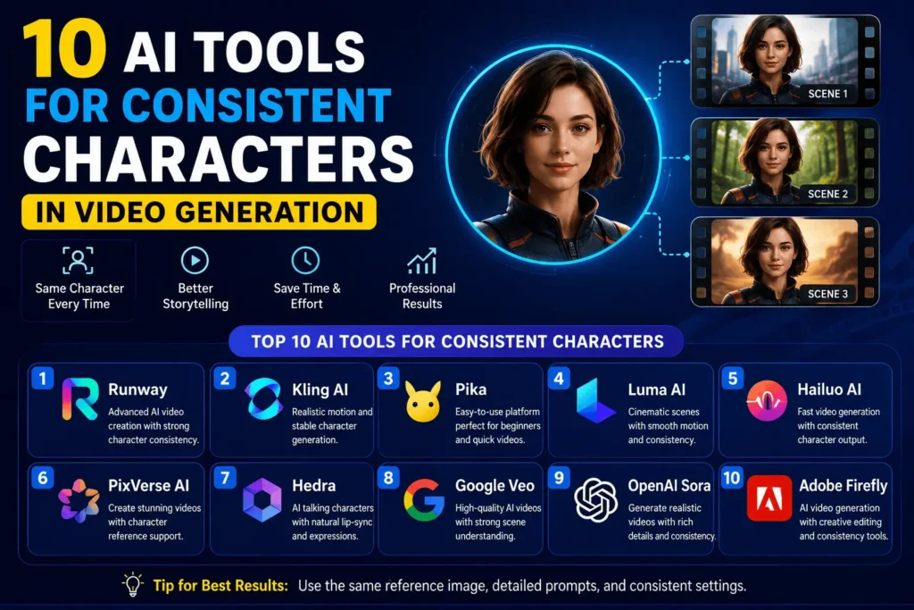 Infographic showing the top 10 AI tools for consistent characters in video generation, including Runway, Kling AI, Pika, Luma AI, Hailuo AI, PixVerse AI, Hedra, Google Veo, OpenAI Sora, and Adobe Firefly, alongside an AI character displayed consistently across multiple scenes.