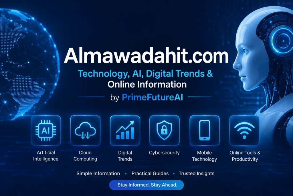 Almawadahit.com technology and AI digital trends banner by PrimeFutureAI featuring artificial intelligence, software tools, cloud computing, cybersecurity, mobile technology, and online information.