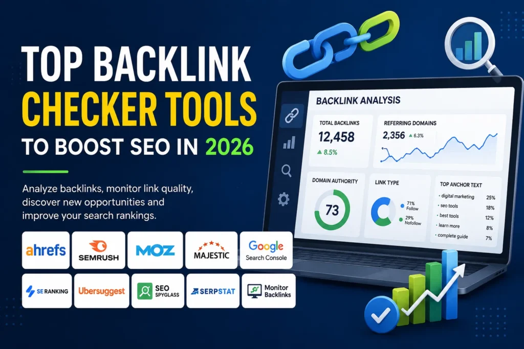 Illustration of the top backlink checker tools for SEO in 2026, showing a laptop with backlink analytics, SEO performance charts, chain link icons, and popular backlink analysis platforms.