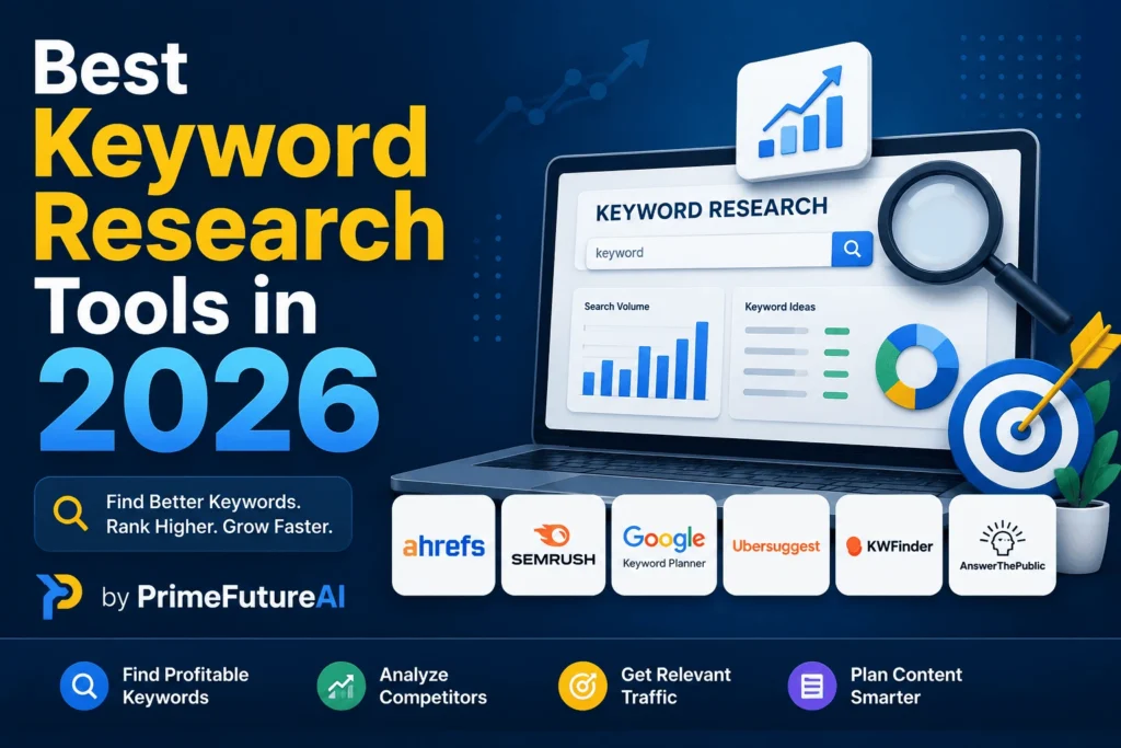 Best Keyword Research Tools in 2026 by PrimeFutureAI, featuring a laptop with a keyword research dashboard, search volume charts, keyword ideas, SEO tool logos, analytics icons, and content planning features.