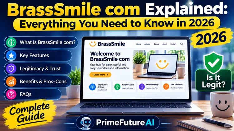 BrassSmile com Explained: Everything You Need to Know in 2026 – featured image showing a complete review, key features, legitimacy, FAQs, and PrimeFutureAI branding.