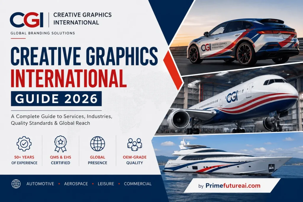 Creative Graphics International Guide 2026 by PrimeFutureAI.com featuring automotive, aerospace, and leisure branding solutions.