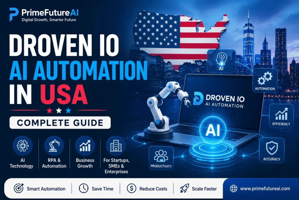 Droven io AI Automation in USA complete guide featuring AI technology, RPA, business automation, startups, SMEs, and enterprises by PrimeFutureAI.