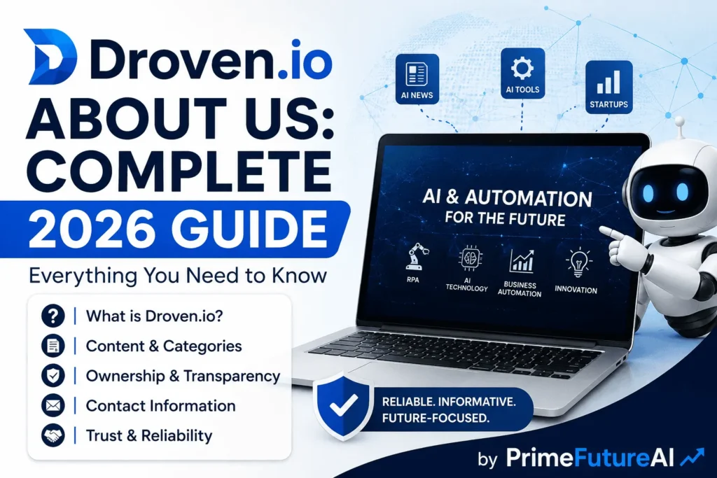 Droven.io About Us Complete 2026 Guide covering AI, automation, content, ownership, contact information and trust by PrimeFutureAI.