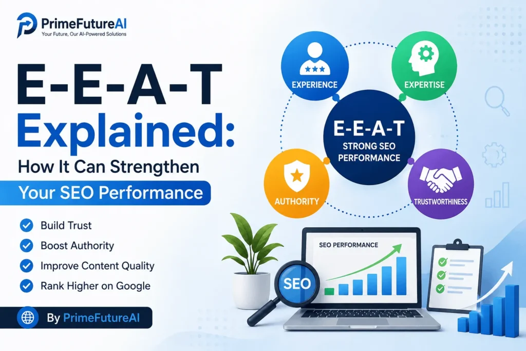 E-E-A-T SEO infographic showing Experience, Expertise, Authority, and Trustworthiness as key elements for stronger SEO performance, branded by PrimeFutureAI.