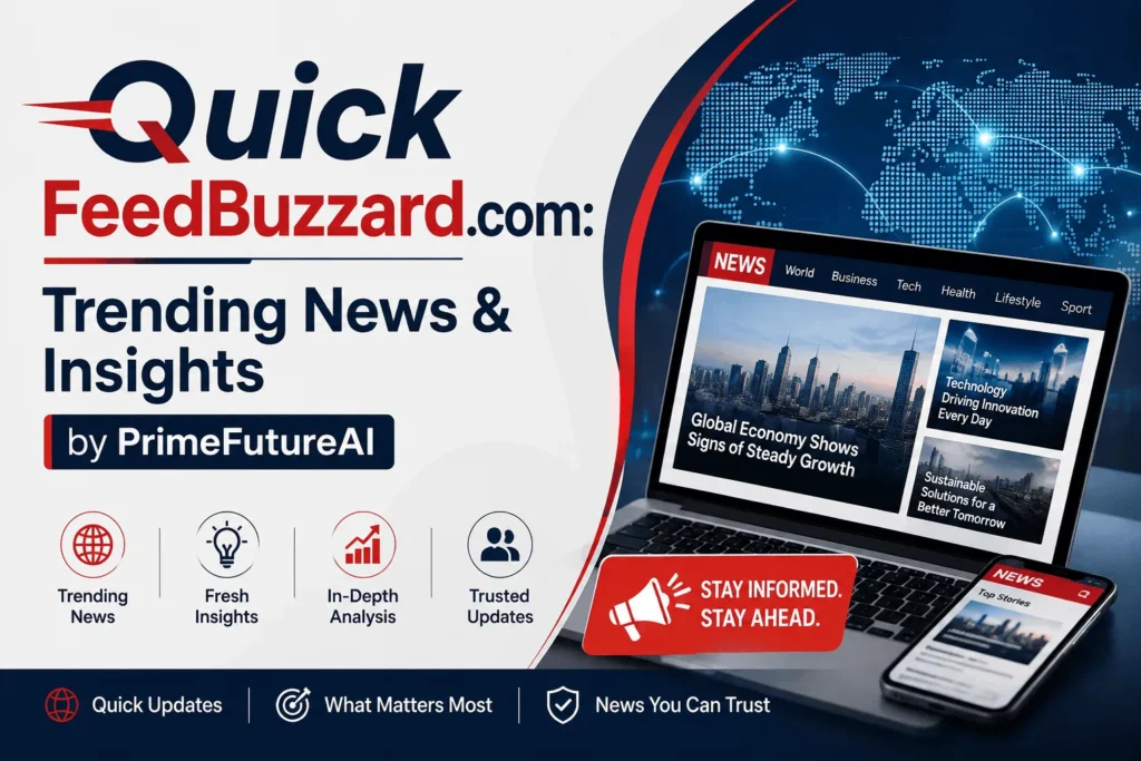 Quick FeedBuzzard.com trending news and insights banner by PrimeFutureAI with digital news screens and global news graphics.