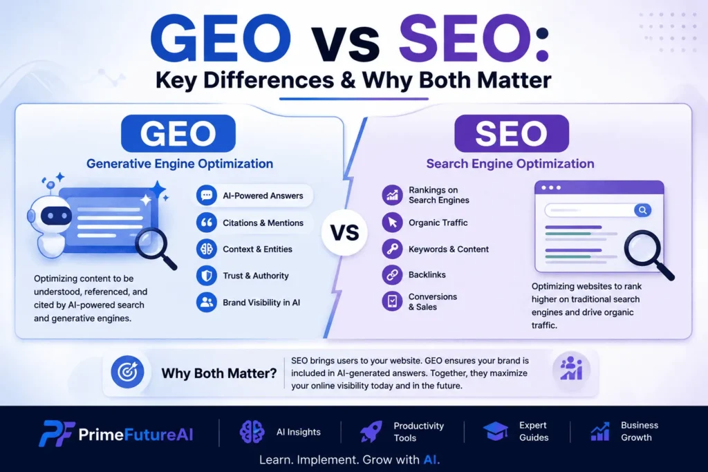 Infographic comparing GEO and SEO, showing how Generative Engine Optimization helps brands appear in AI-powered answers while Search Engine Optimization improves traditional search rankings, organic traffic, keywords, backlinks, and conversions, with PrimeFutureAI branding.