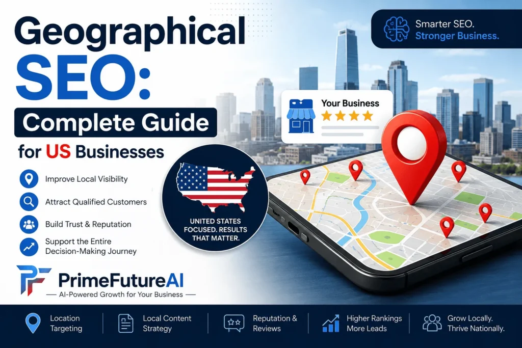 Geographical SEO complete guide for US businesses by PrimeFutureAI, featuring a US map, location pins, mobile map, local SEO strategy, rankings, reviews, and business growth.