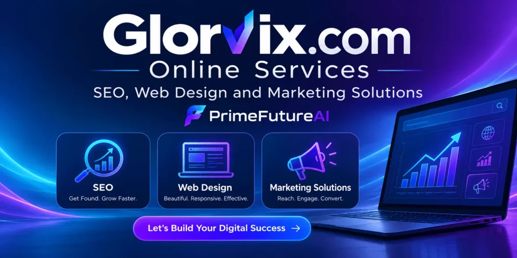 Glorvix.com online services featuring SEO, web design, and digital marketing solutions by PrimeFutureAI.