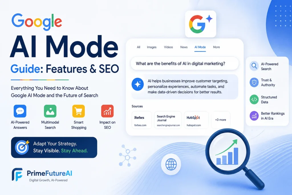Google AI Mode guide featuring AI-powered search, multimodal tools, smart shopping, SEO insights, and PrimeFutureAI branding.