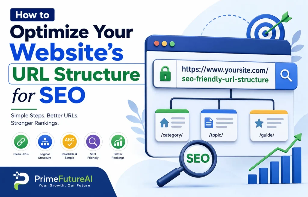 How to optimize website URL structure for SEO with clean URLs, logical structure, and better rankings by PrimeFutureAI.