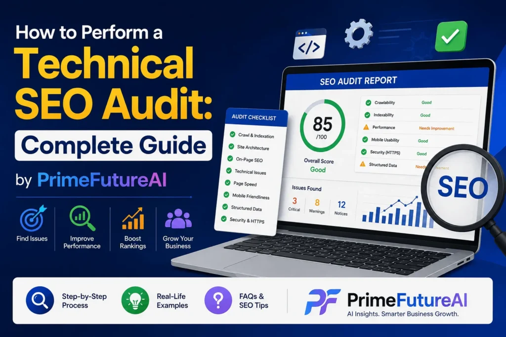 Technical SEO audit guide by PrimeFutureAI featuring an SEO audit dashboard, checklist, performance metrics, and website optimization elements.