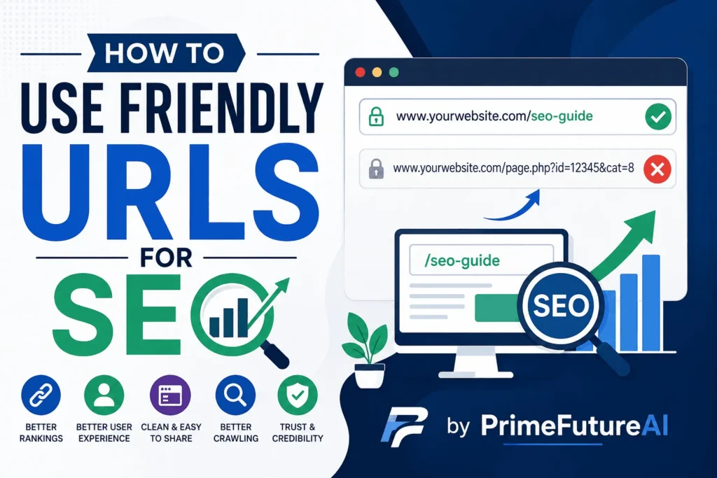 How to Use Friendly URLs for SEO by PrimeFutureAI, showing clean and messy URL examples, SEO benefits, and website optimization graphics.