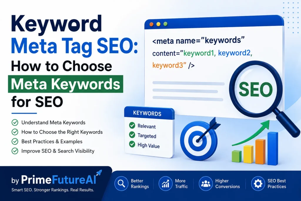 Keyword Meta Tag SEO guide showing meta keywords, SEO optimization, keyword selection, search rankings, and PrimeFutureAI branding.