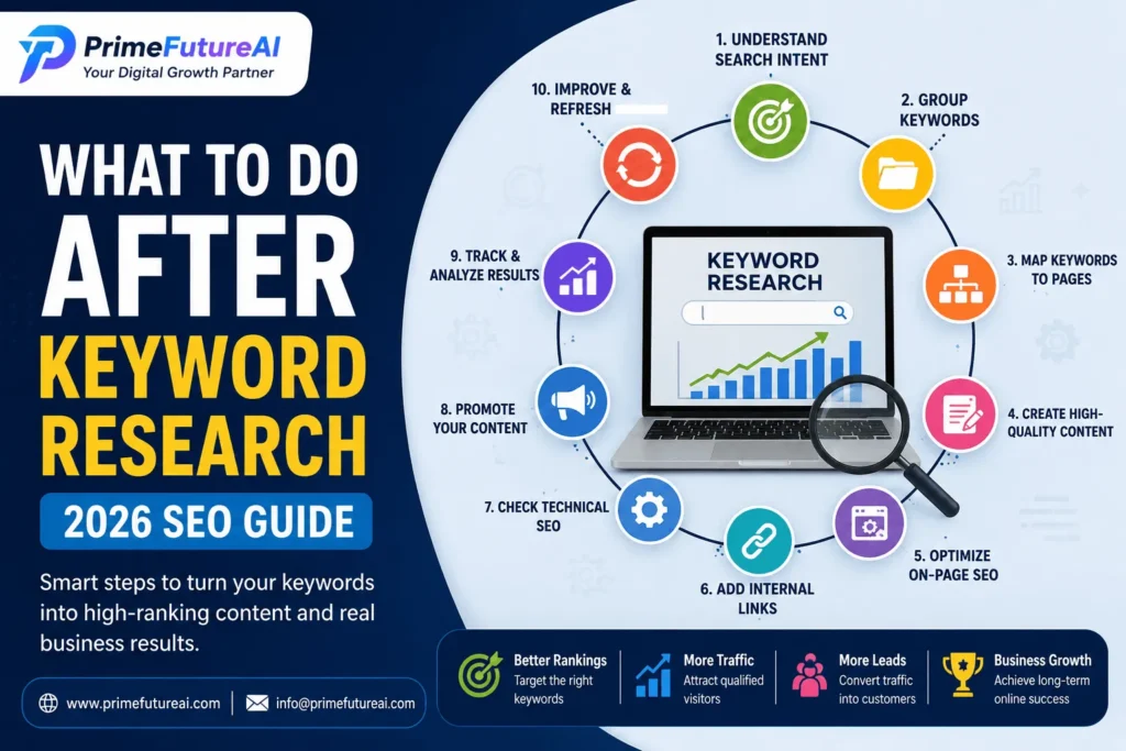 What to Do After Keyword Research 2026 SEO Guide by PrimeFutureAI, showing a step-by-step keyword research and SEO strategy infographic.