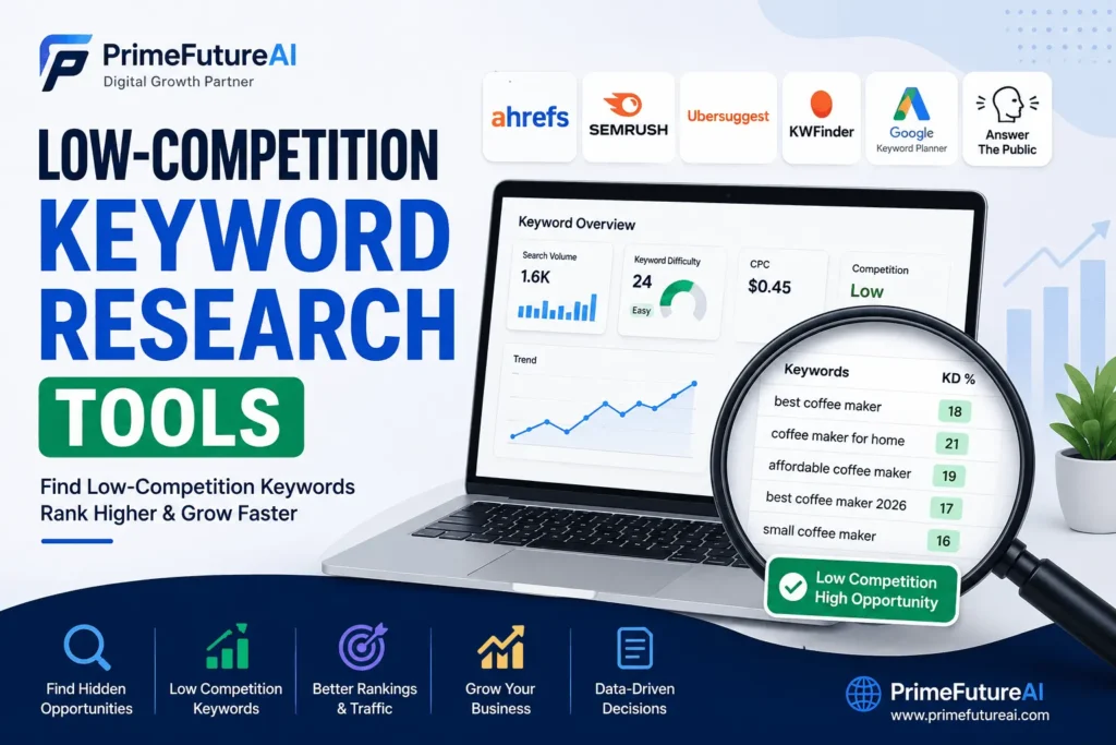 Low-Competition Keyword Research Tools by PrimeFutureAI for finding easier keywords, improving SEO rankings, and growing online visibility.