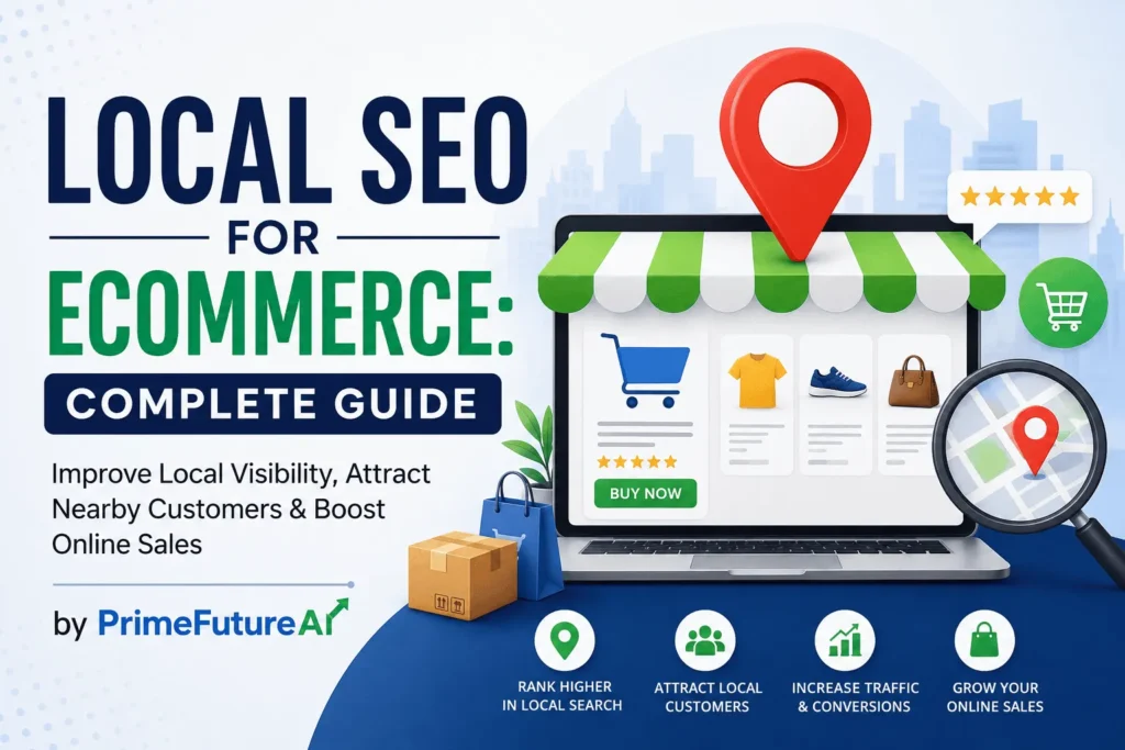 Local SEO for Ecommerce complete guide showing an online store, location pin, shopping cart, map and local search optimization by PrimeFutureAI.