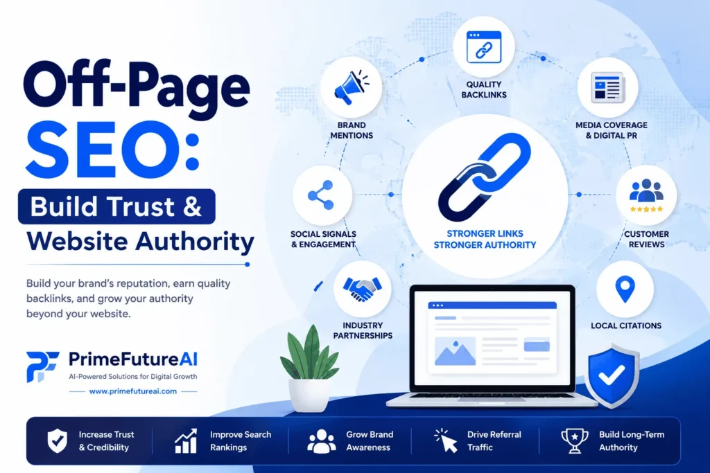 Off-Page SEO infographic by PrimeFutureAI showing how quality backlinks, brand mentions, media coverage, customer reviews, social engagement, local citations, and industry partnerships build trust, website authority, and online visibility.