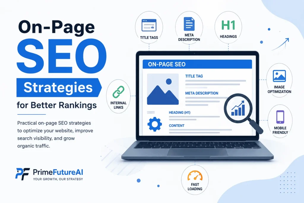 On-Page SEO strategies for better rankings by PrimeFutureAI, featuring SEO optimization, headings, meta tags, internal links, image optimization, and mobile-friendly design.
