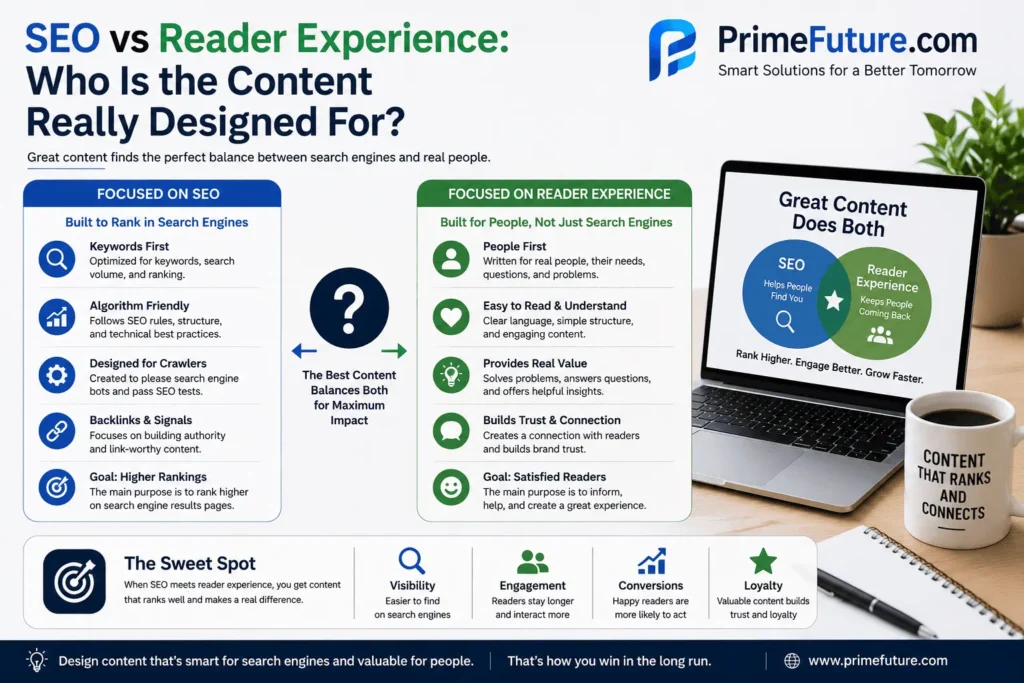 Infographic comparing SEO-focused content with reader-focused content, highlighting the balance between search engine optimization and user experience through side-by-side sections, icons, a laptop illustration, and PrimeFuture.com branding.