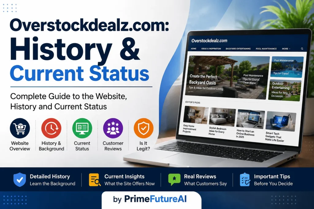 Overstockdealz.com history and current status guide by PrimeFutureAI, showing a laptop with the Overstockdealz.com website and key information about its background, reviews, and current online presence.