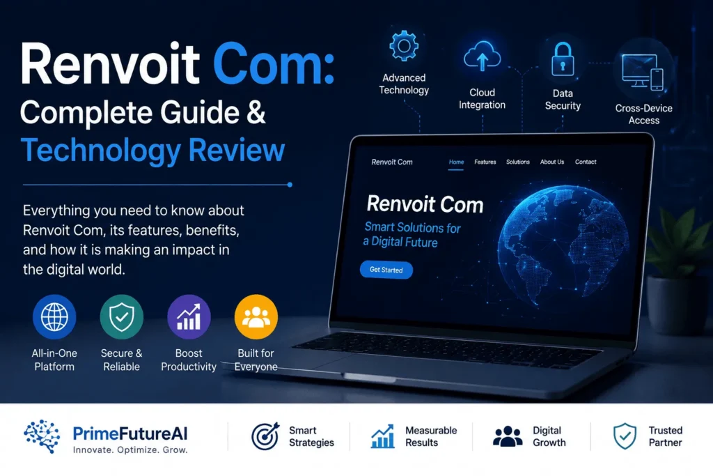 Renvoit Com Complete Guide and Technology Review featuring a modern digital technology interface and PrimeFutureAI branding.