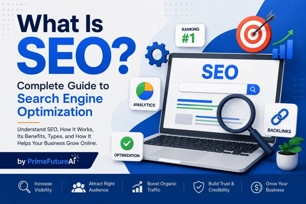 What Is SEO? Complete Guide to Search Engine Optimization by PrimeFutureAI, featuring SEO rankings, analytics, backlinks, website optimization, and organic business growth.