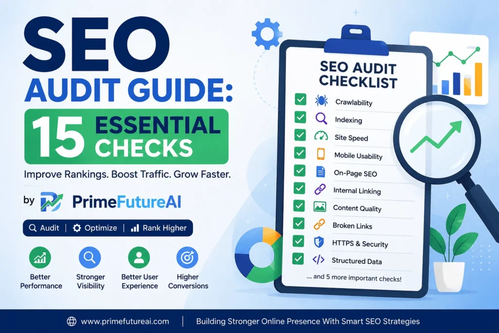 SEO Audit Guide featuring 15 essential SEO checks for better rankings, website performance, indexing, mobile usability, and search visibility by PrimeFutureAI.