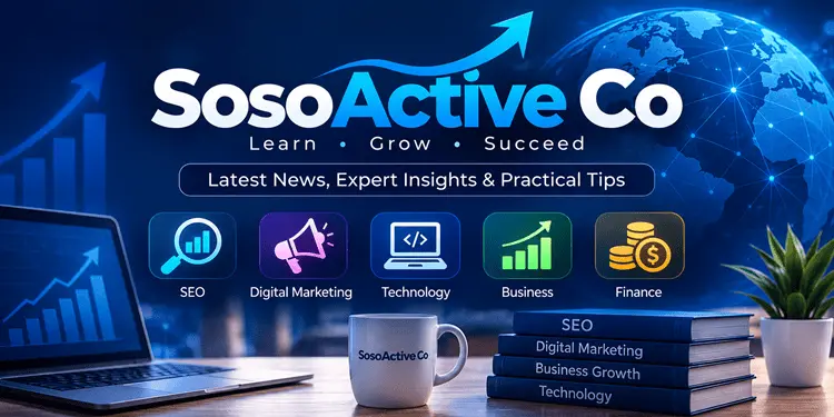 SosoActive Co banner featuring SEO, digital marketing, technology, business, and finance icons with a global network background, growth chart, laptop, books, and branding focused on digital insights.