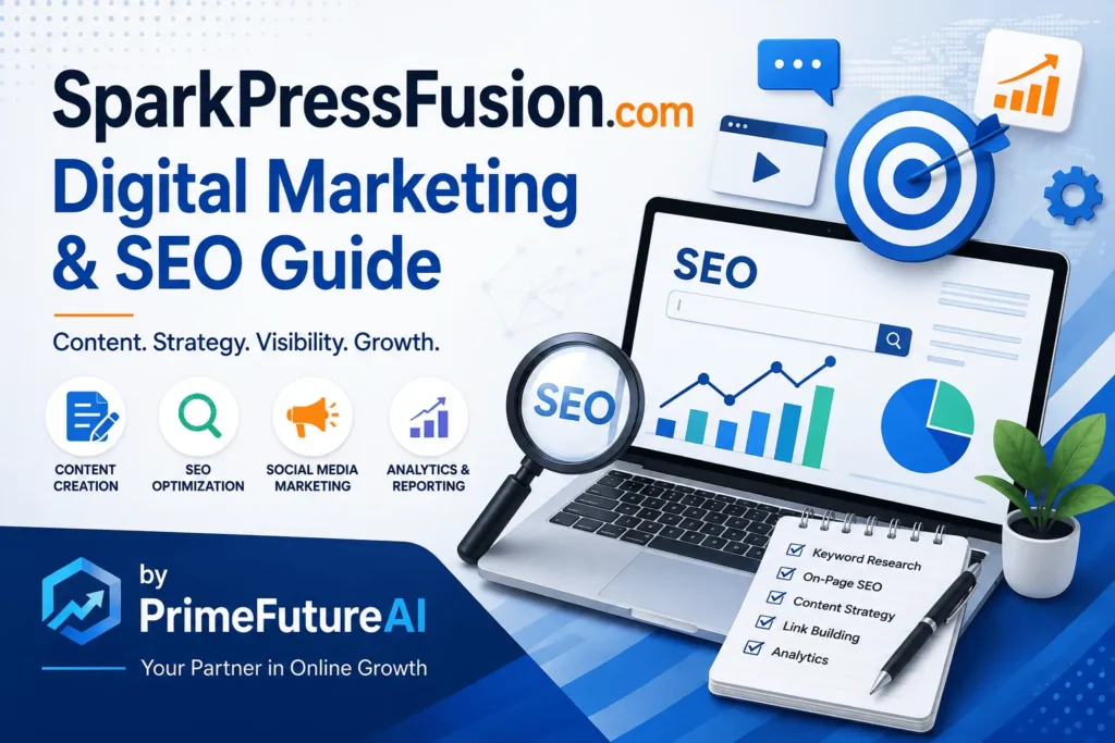 SparkPressFusion.com Digital Marketing and SEO Guide by PrimeFutureAI with SEO analytics, content strategy, and marketing visuals.