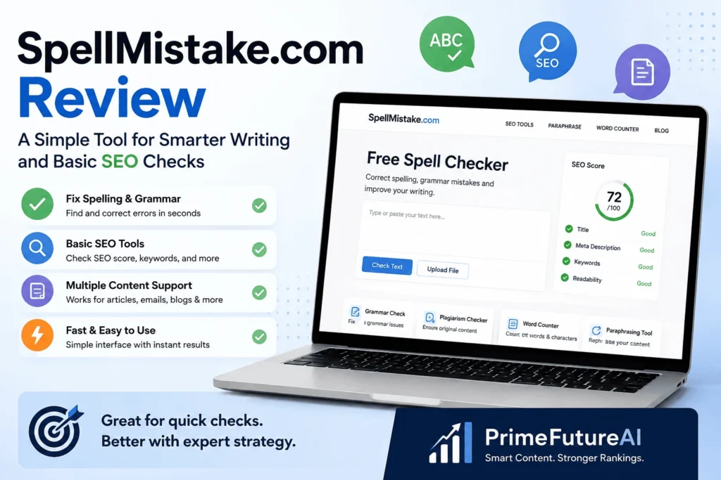 SpellMistake.com review showing spelling, grammar, plagiarism, and basic SEO checking tools on a laptop.