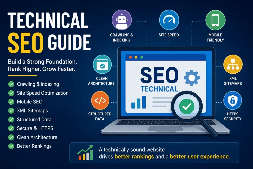 Technical SEO guide infographic showing crawling and indexing, site speed, mobile SEO, XML sitemaps, structured data, HTTPS security, and website architecture for better search rankings.