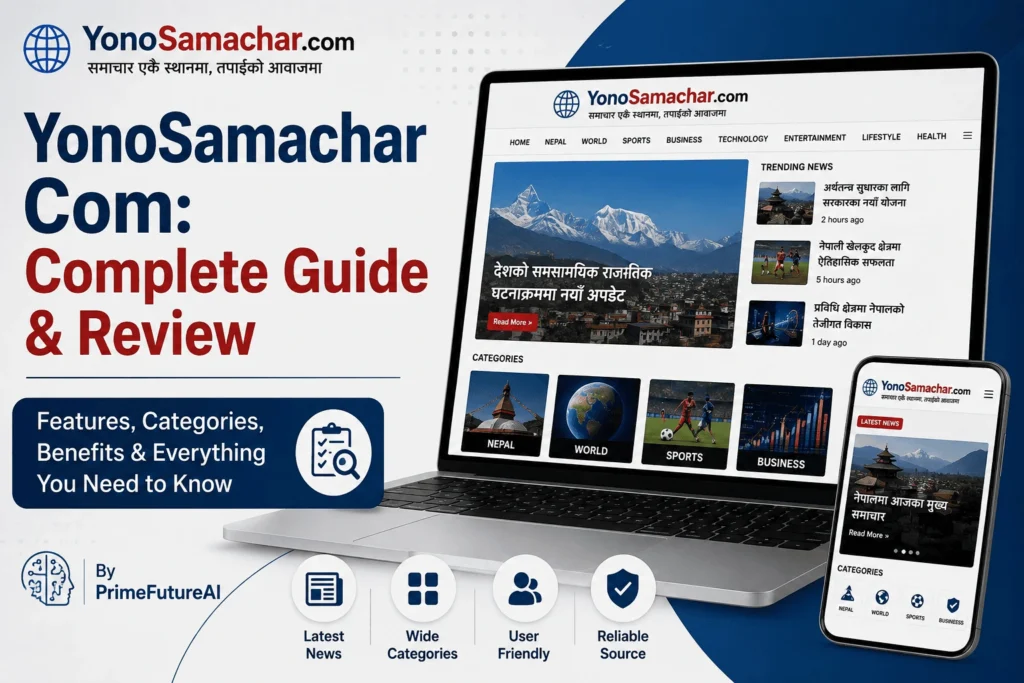 YonoSamachar Com Complete Guide and Review by PrimeFutureAI featuring a news website on laptop and smartphone.